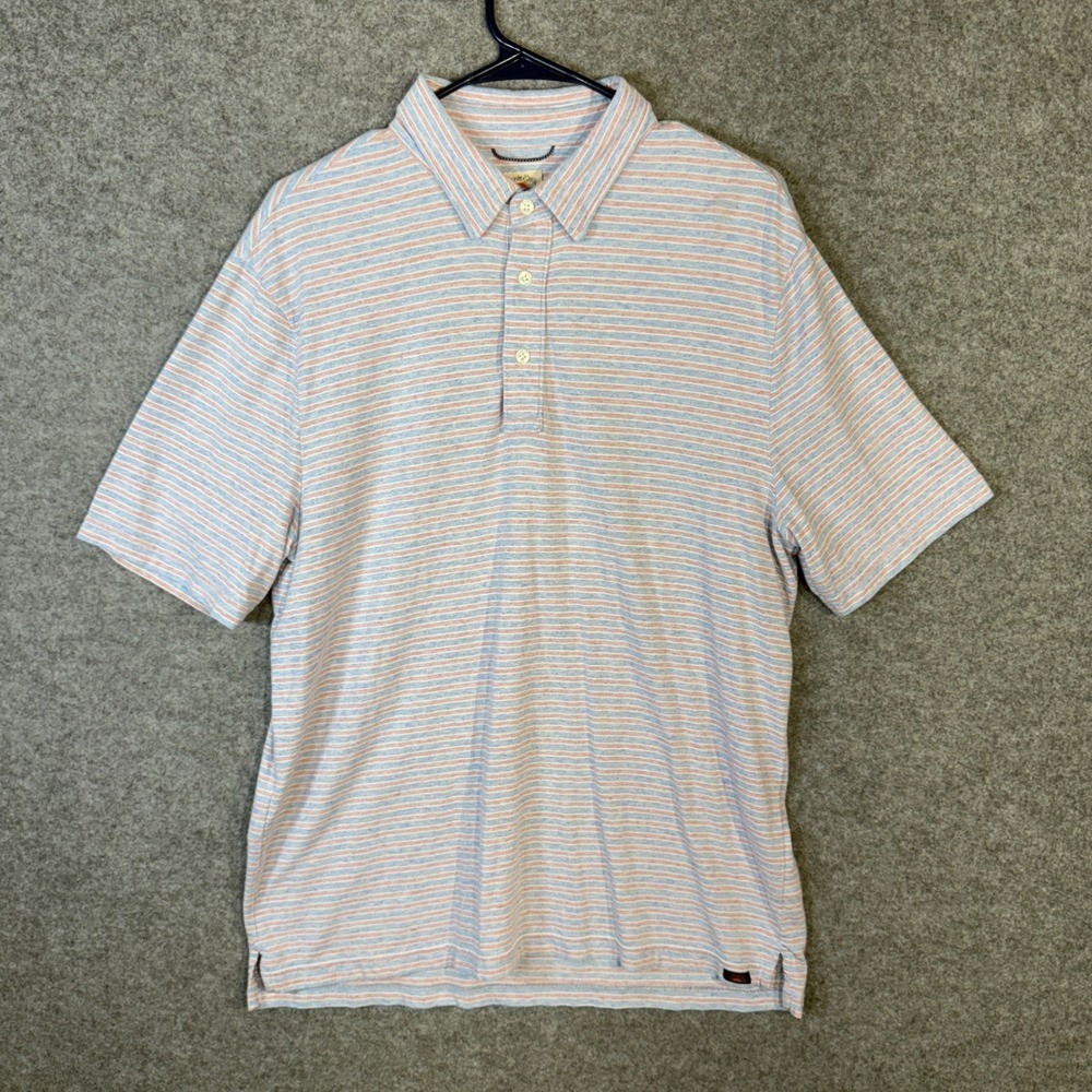 Faherty Brand Polo Shirt‎ L Blue Red Striped Pima Cotton Modal Stretch Short Slv